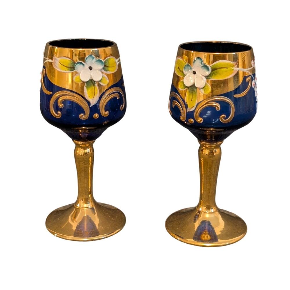 Vintage 1950s 2 Blue Stemmed Cordials Murano Italy Venetian Glass Heavy Gilt